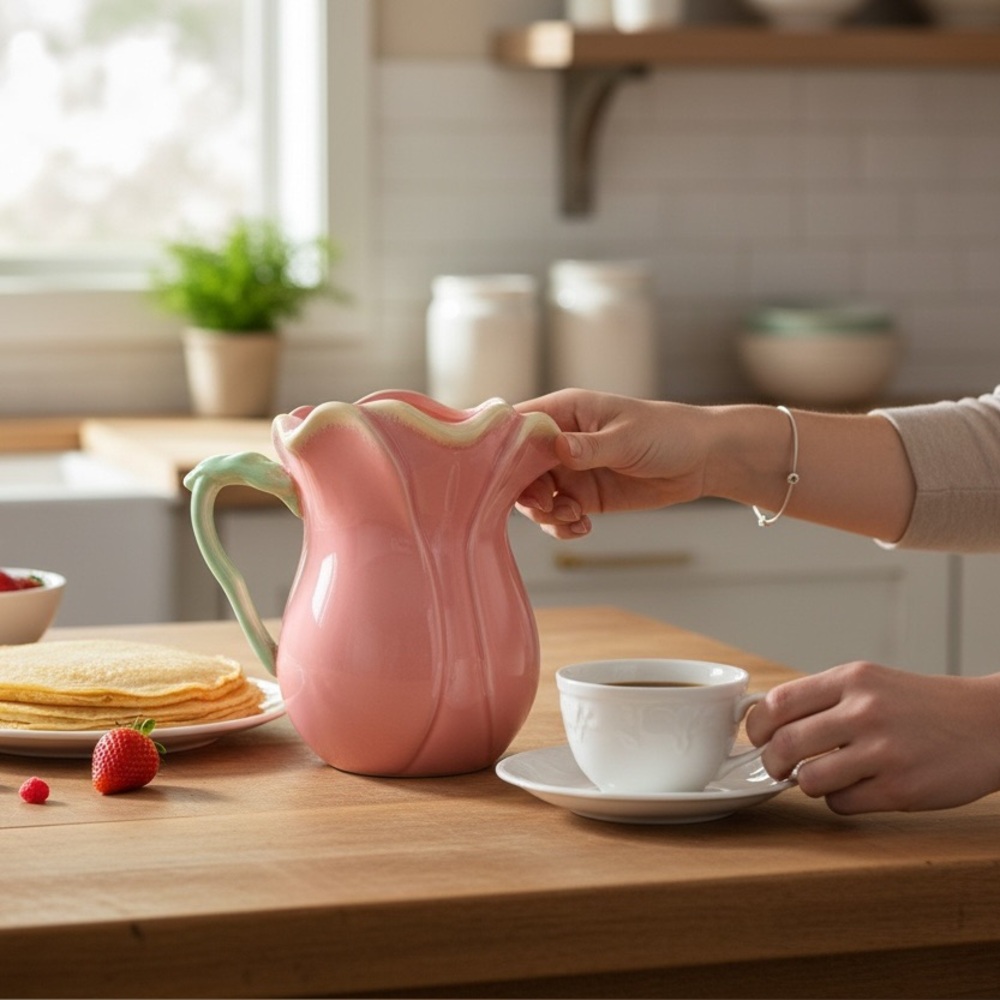 A Special Place Tulip Pink and Green Ceramic Pitcher
